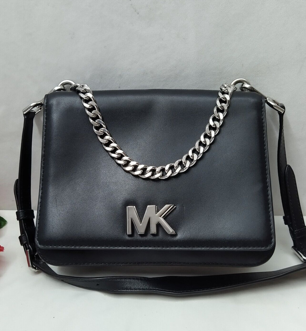 Michael Kors Mott Black Leather Chain Strap Turnlock Flap Closure Crossbody Bag